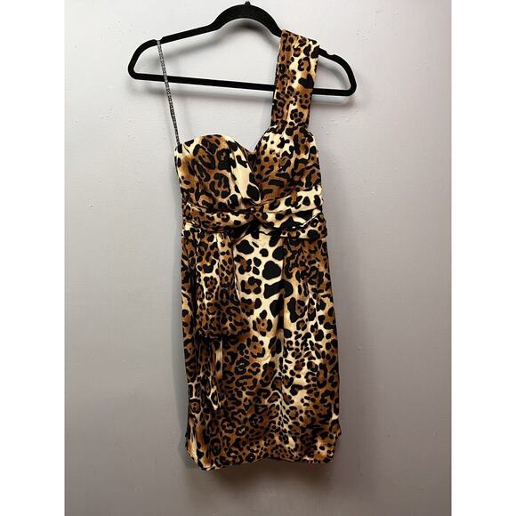 Nanette Lepore Silk Come Hither Dress Womens sz 0 Cheetah One Shoulder Cocktail - Picture 1 of 9